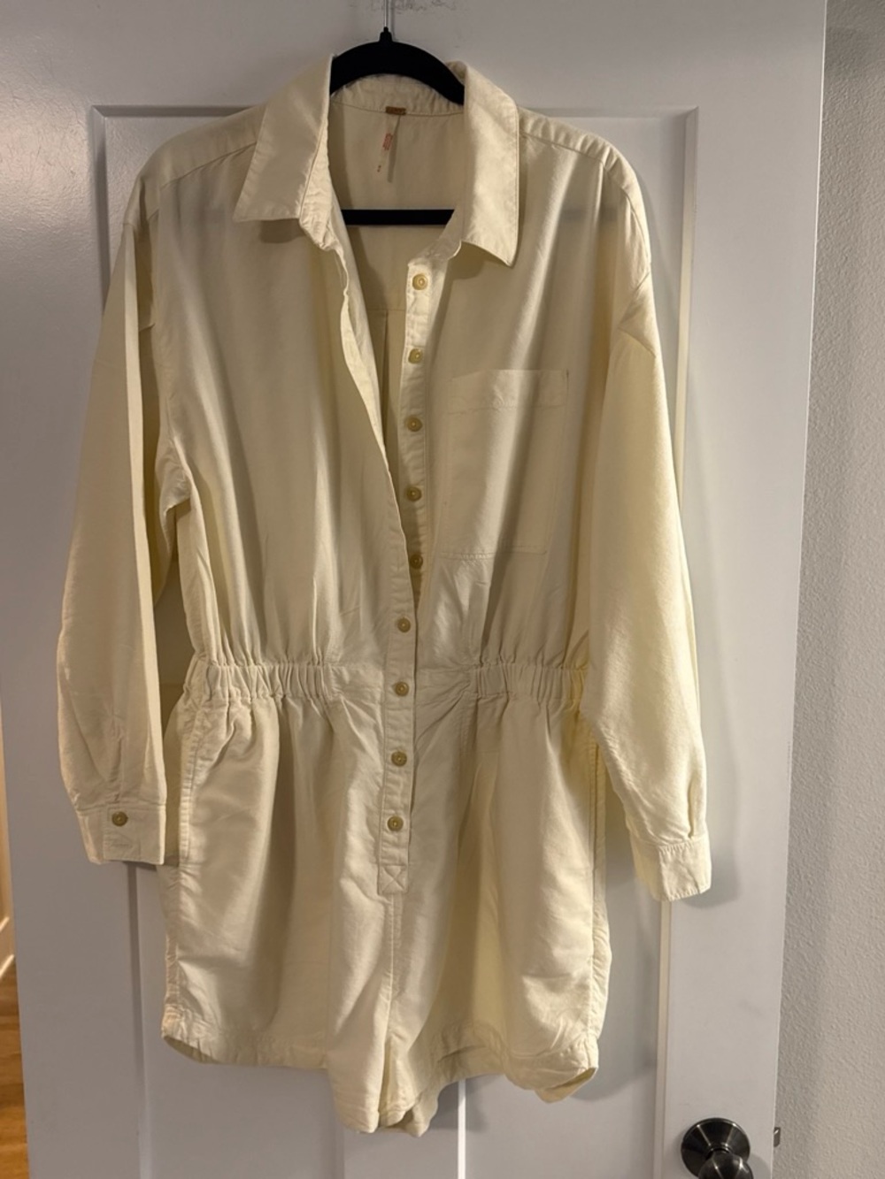 Free People Cream Button-Front Long Sleeve Romper